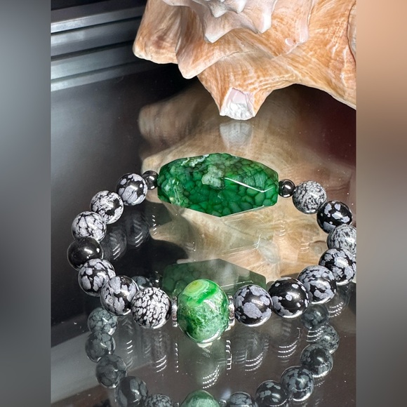 SNOW OBSIDIAN + AGATES NATURAL STONES  BRACELET size 7” - Picture 5 of 14